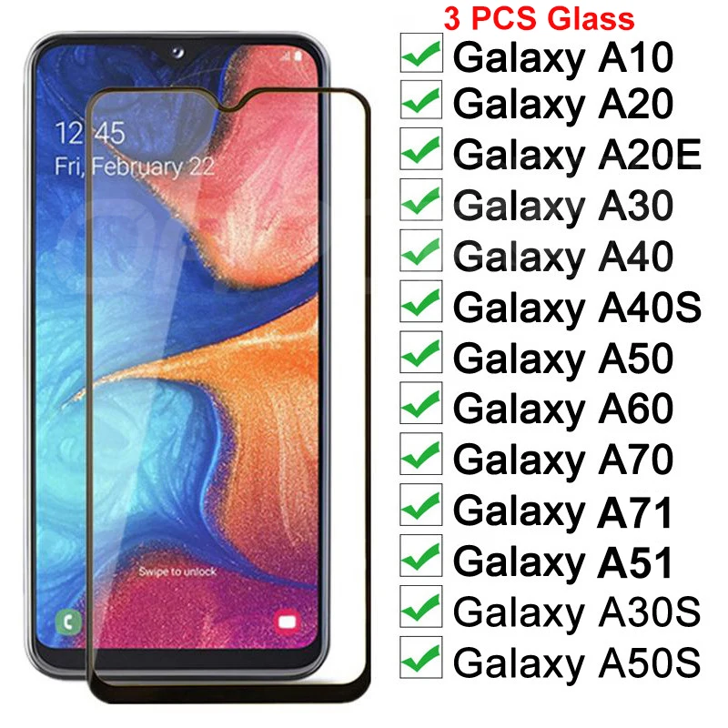 9D Protective Glass On For Samsung Galaxy A51 A71 A50 A40 A30 A10 A20E A60 A70 3PCS Tempered Glass For Samsung A20S A30S A50S