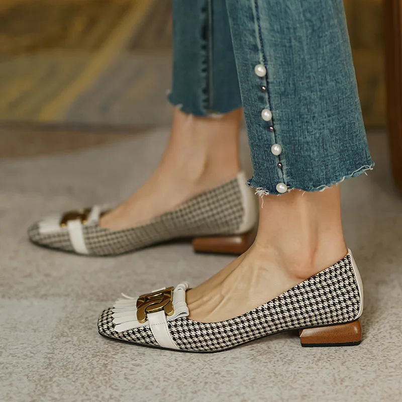 New Style Retro Leather Women's Shoes Fashion Tassel Beads Square Toe Plaid Open Toe Casual Shoes Thick Heel Size 34-40 Handmade