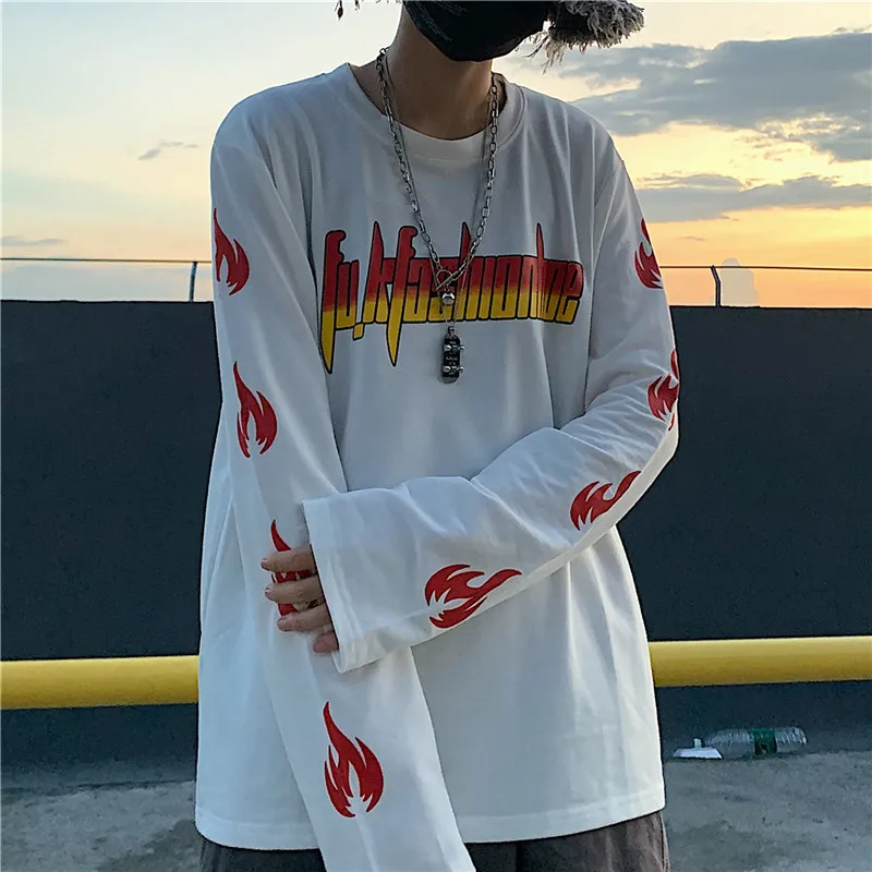 Lychee Harajuku Свободные женские футболки с вырезом лодочкой футболки с принтом пламени и буквами женская футболка Топ Весна Осень Женские футболки топы