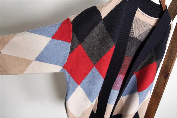 Sweater Women Knitted Cardigan Diamond Plaid Long Cardigan Loose Sweater Feminino Fashion Tops Pull Femme Knitwear Jumpers