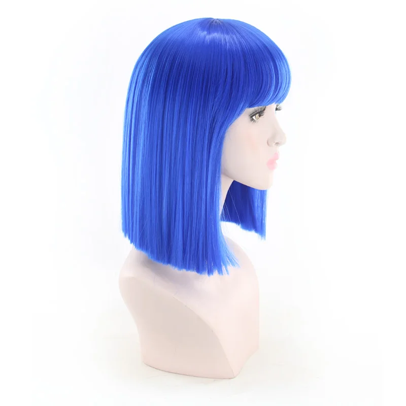 WoodFestival Short Straight Bob Synthetic Hair Wig With Bangs Cosplay Wigs For Women Pink Red Brown Blue Green White Purple Grey