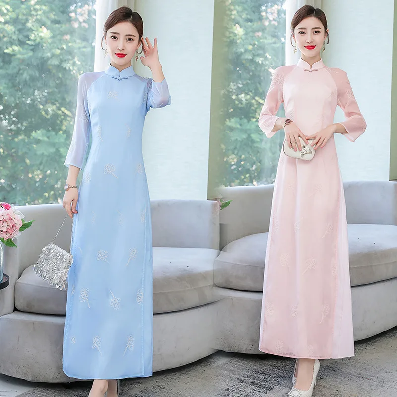

Photo Shoot 2020 Spring And Summer WOMEN'S Dress Improvement Chinese Style Stand Collar Embroidery Cheongsam Slim Fit Long Audre