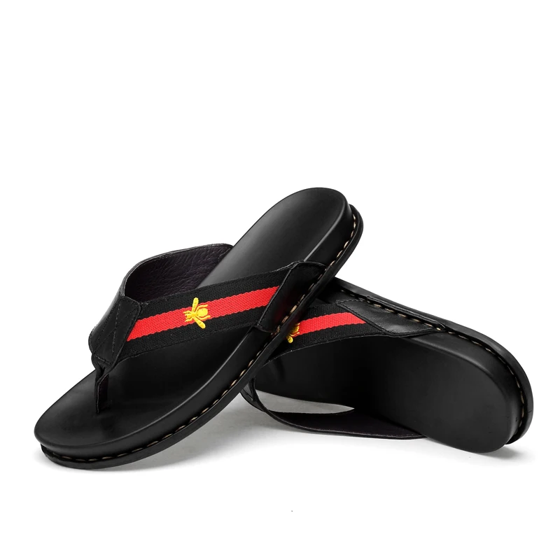 YEINSHAARS High Quality Genuine Leather Brand Slippers Men Summer Beach Sandals Designer Flip Flops Breathable Non-slip Slides