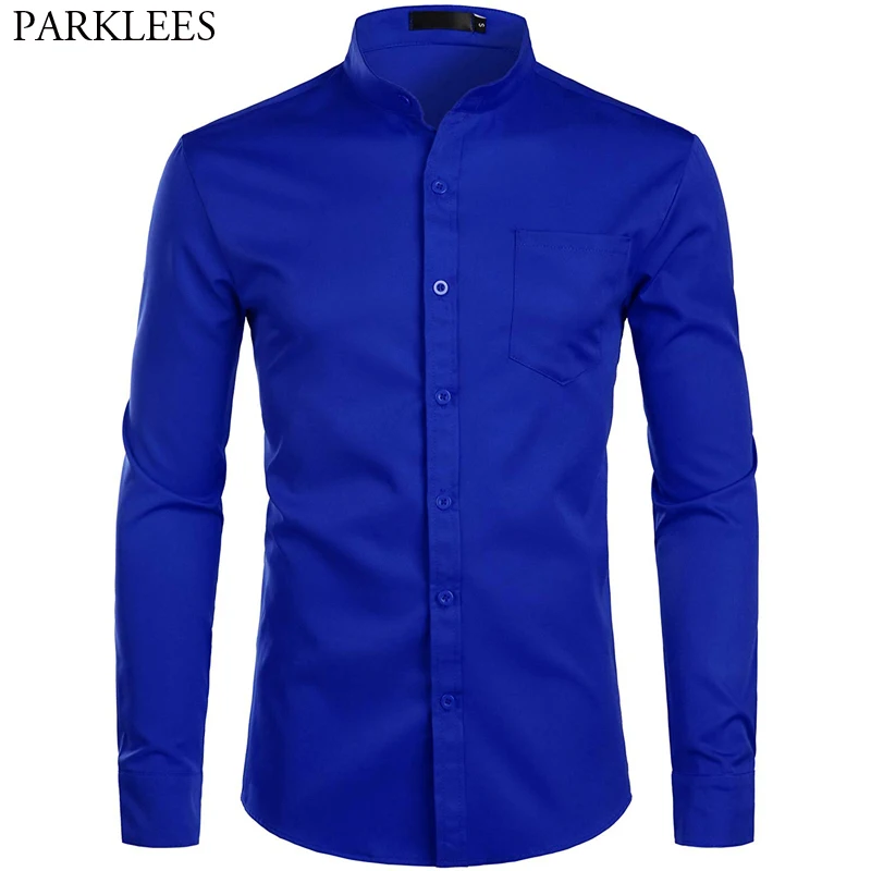 Men's Royal Blue Dress Shirts 2019 Brand Banded Mandarin Collar Shirt