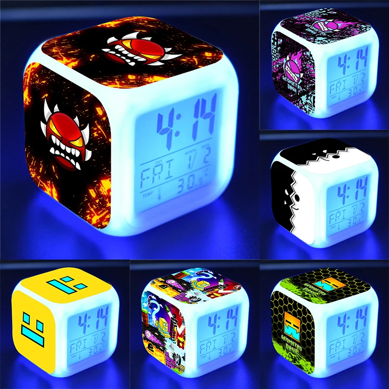 Angry Geometry Dash Alarm Clocks Children Game Anime Desk Clocks Kids Led Digital Clock with Date Thermometer Boys Girls Gifts
