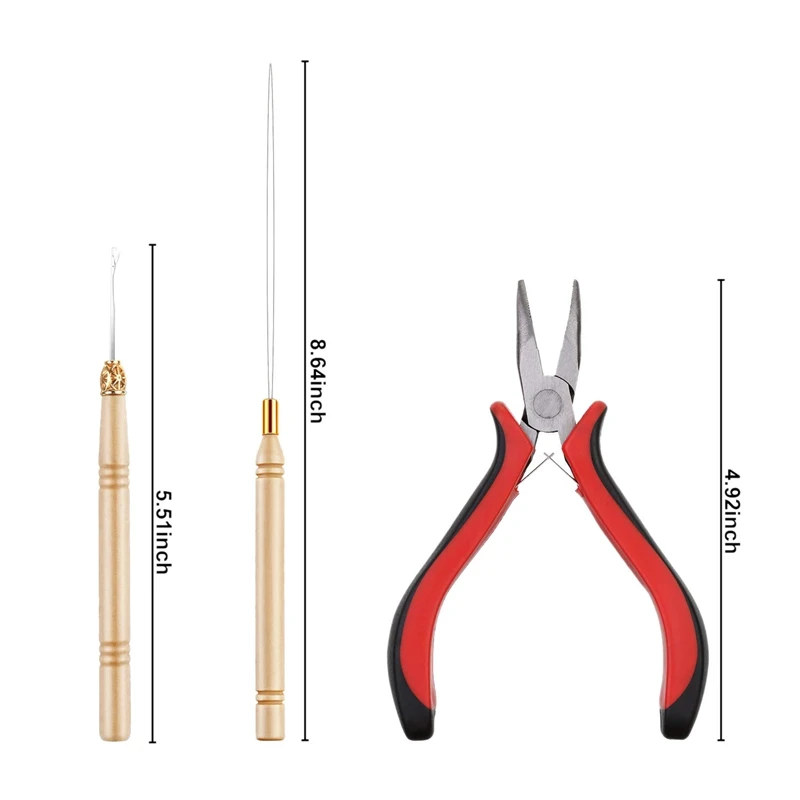Набор для наращивания волос, плоскогубцы, тянущий крюк, бисерное устройство, набор инструментов и 1500 шт., силиконовые накладные Мини-кольца(черный, бежевый и коричневый B