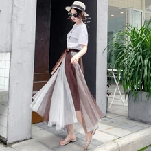 Летние женские длинные плиссированные юбки градиентного цвета с высокой эластичной талией, многослойные юбки миди контрастных цветов