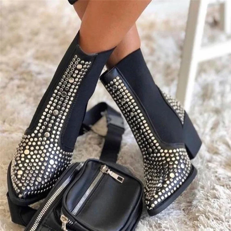 Square Heels Classic Fashion Rivets Elastic Ankle Boots Shoes Women Chelsea Boots platform boots,winter boots,ankle boots,women high heeled boots