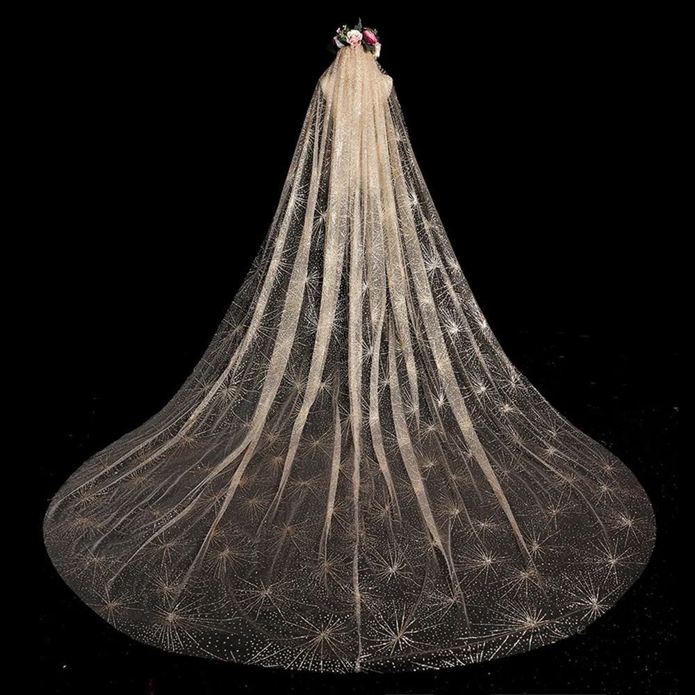 

1PCS Shiny Champagne Headdress Stars Sky Only American Korean Bride Marriage Long Tail White Luxury Headdress
