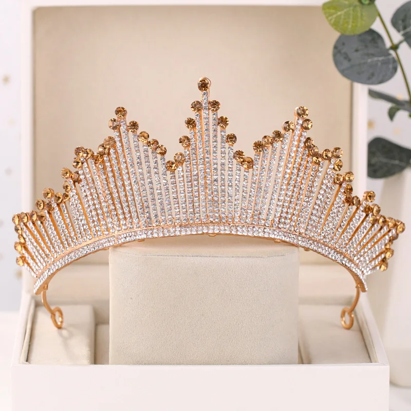 

Vintage Gold Champagne Sparking Geometric Crystal Crown Bridal Tiara Rhinestone Pageant Diadem Headband Wedding Hair Accessories