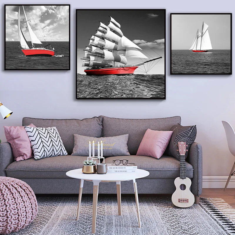 Скандинавский красный плакат с изображением парусной лодки черно-белый