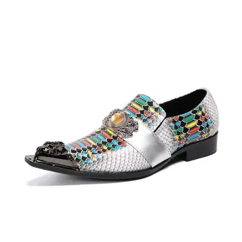 

Luxury Snakeskin Pattern Business Dress Men Shoes Fashion Party Metal Pointed-Toe Leather Shoes White Yellow Red Wedding Shoes