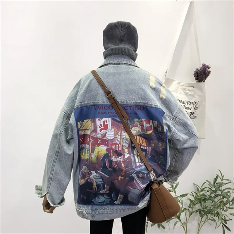 

Autumn Women Back Patch Print Hole Washed Denim jacket Loose Plus size Bomber coat Chaqueta mujer Streetwear Casual Jean jacket