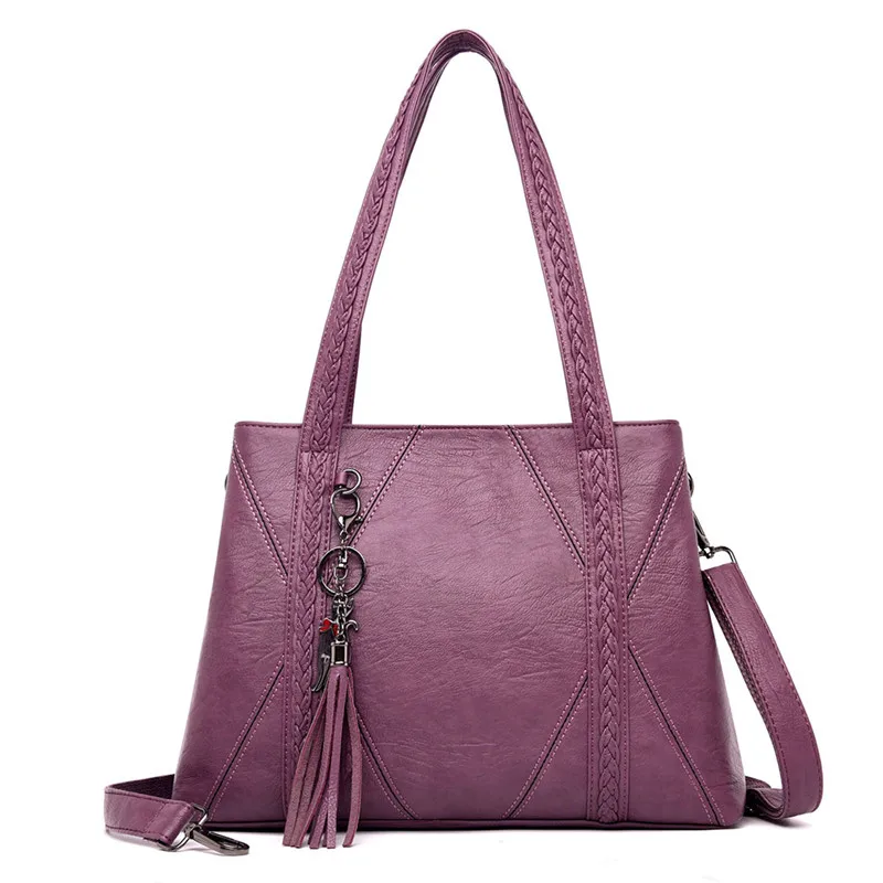 Роскошный мягкий кожаный сумки высокого качества Женская кисточка дизайнерский сумка-мешок большой емкости плеча сумки для женщин - Цвет: Purple