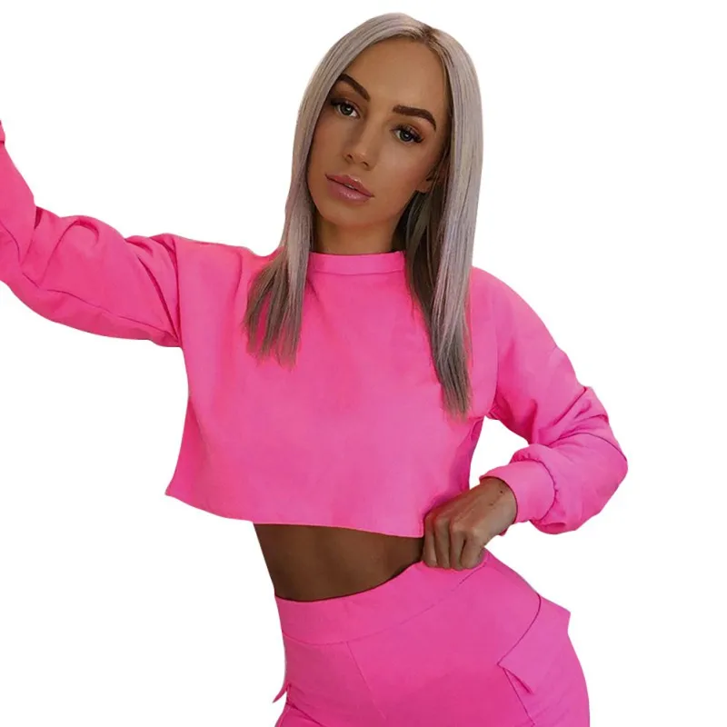 

Womens 2019 Casual Long Sleeve Round Neck Sweatshirt Autumn Fashion Solid Color Sweatshirts Green Female Short Pullovers Tops