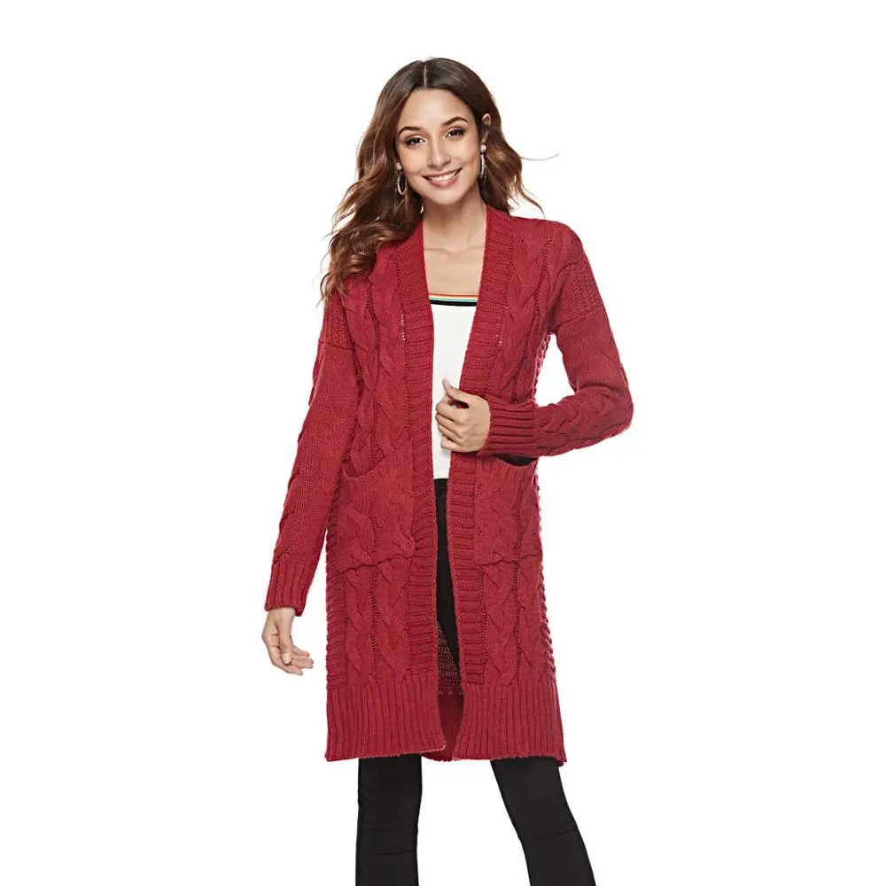 

Burgundy Solid Drop Shoulder Cable Knitted Coat Women's Sweater Cardigan 2019 Long Sleeve Casual Female Long Cardigans