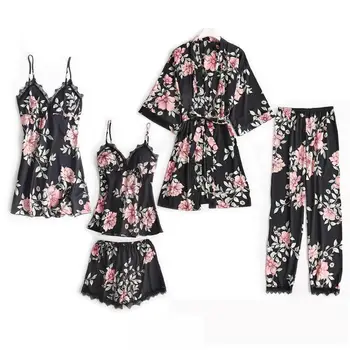 

5PCS Pajamas Set Women Satin Sleepwear Sexy Spring Lace Trim Nightie Pyjama Print Floral Nightwear Home Wear Lingerie Suit M-XXL