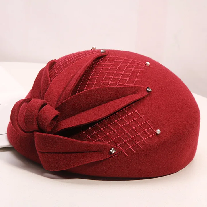 Fibonacci New Fashion Women Beret Fedoras Floral Wool Felt Hat Pearl Mesh Dinner Party Autumn Winter Hats Cap