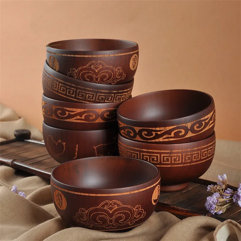 Mongolian style Wooden Bowl Mongolia Soup Salad Rice Noodle Bowls Ethnic Style Natural Wood Kids Original Wood Bowl Tableware