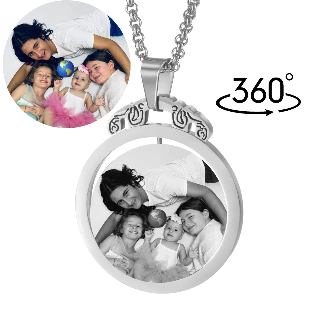 360° Rotated Round Pendant Necklaces for Women Custom Engraved Photo Phrase Personalized Stainless Steel Jewelry Family Lover