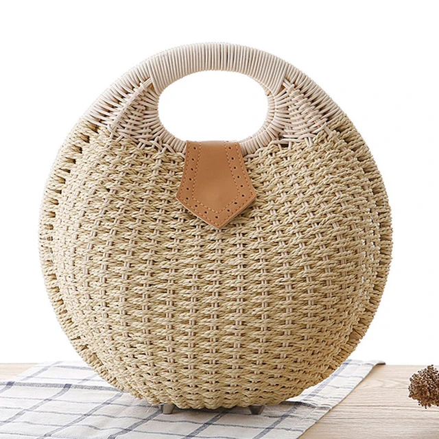 Shell-Style Round Wicker Handbag - Designer Rattan Crossbody Summer Purse