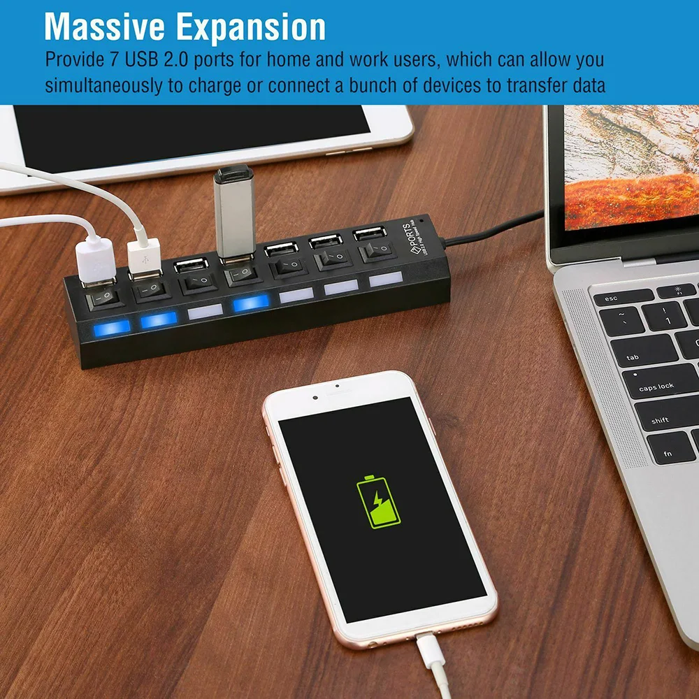 7-портовый USB 2,0 концентратор мульти зарядное устройство концентратор+ высокоскоростной адаптер вкл/выкл переключатель для ноутбука ПК 7 USB 2,0 порт s