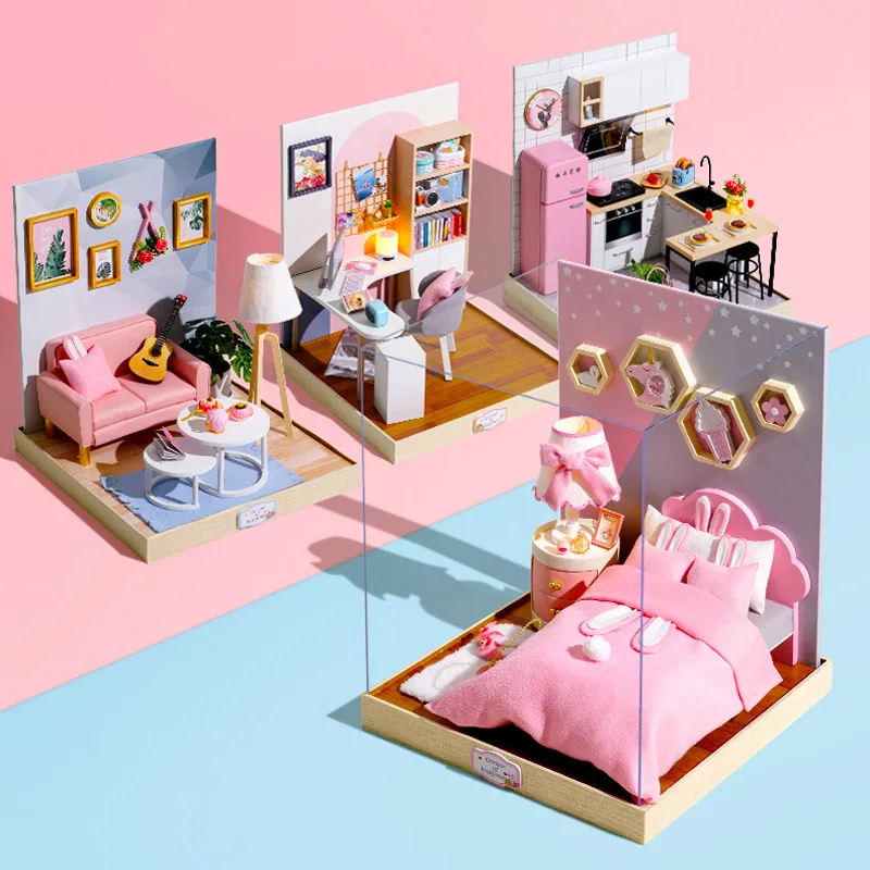 

Big size New DIY Wooden Cottage Creative Hand Assembled Scene Model Doll House With Dust Cover Girl Gift