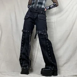 Weiyao buraco punk streetwear preto carga jeans fairycore feminino bolsos de corrente retalhos grunge y2k jeans retos denim cintura baixa
