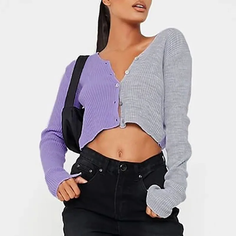 

Autumn 2020 Single Set Sexy Slim Knit Fashion Contrast Color Violet Gray Mosaic Single Breasted V-Neck Crop Navel Short Cardigan