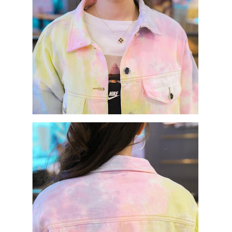 Harajuku Gradient Denim Coat Pink Yellow Blue Women Casual Short Cowboy  Outerwear Spring Autumn Lapel Long Sleeve Jeans Jacket - Denim Coat -  AliExpress