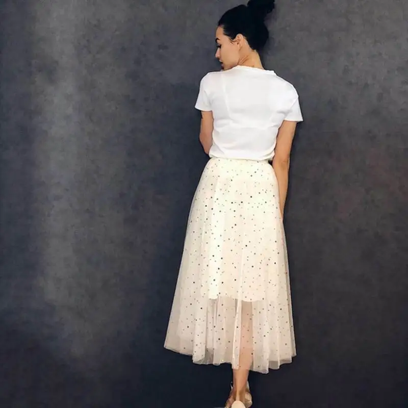 Новые женские корейские модные плиссированные элегантные юбки тюль звезда расшитые блестками сетчатые юбки студенческие юбки-пачки для девушек юбки для официального приема