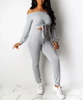 

2020 Causal Two Piece Matching Sets Women Sexy Off Shoulder Long Sleeve Top Pencil Pants Plus Size Solid Fashion Tracksuit