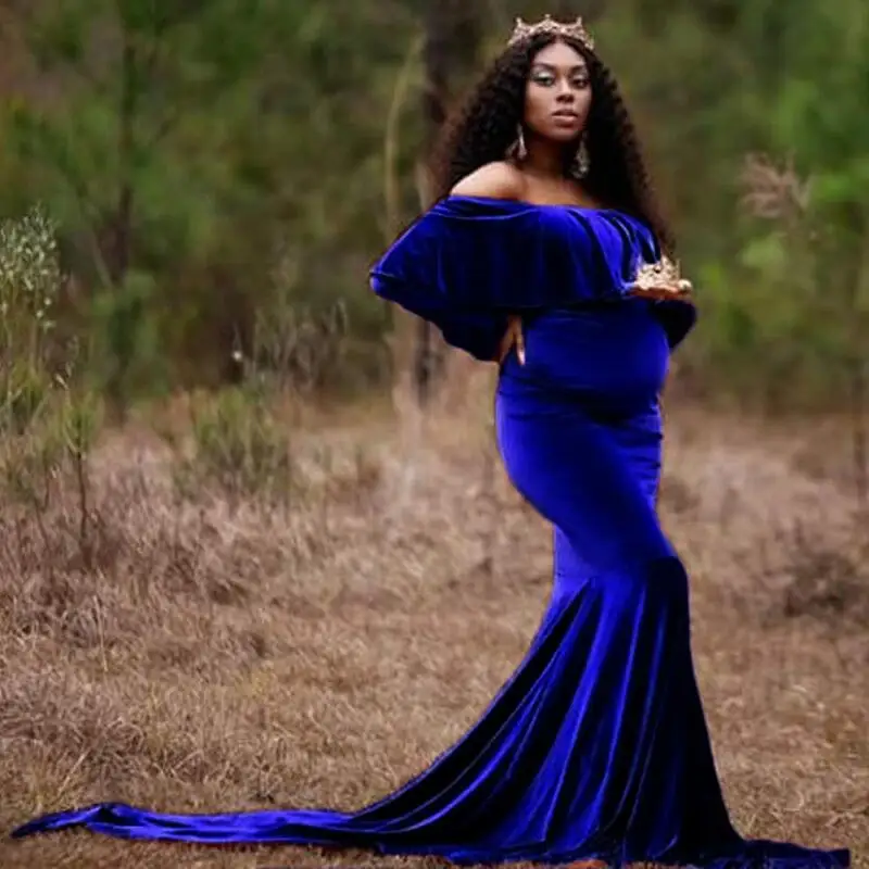 

Maternity Mermaid Skirt Off Shoulder Fitted Velvet Gown Maxi Photography Dress Baby Shower Pregnancy Ruffles Photo Props Clothes
