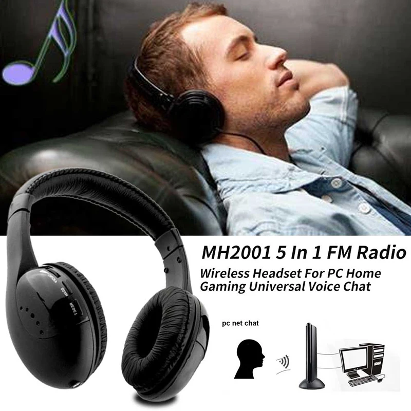 5 In 1 Headset Wireless Headphones Cordless RF Headset Earphones For TV DVD PC HIFI Stereo Sound Earphone For Game Player 2