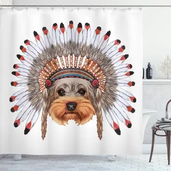 

Yorkie Shower Curtain, Yorkshire Terrier in Bonnet Culture Hand Drawn Dog Canine Illustration, Cloth Fabric Bathroom Decor Set