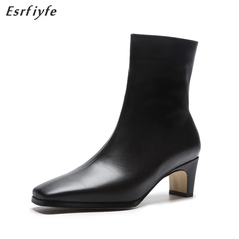 

ESRFIYFE 2020 Genuine Leather High Heels Shoes Woman Square Toe Martin Boots High Qulaity Autumn Winter Women Shoes Ankle Boots