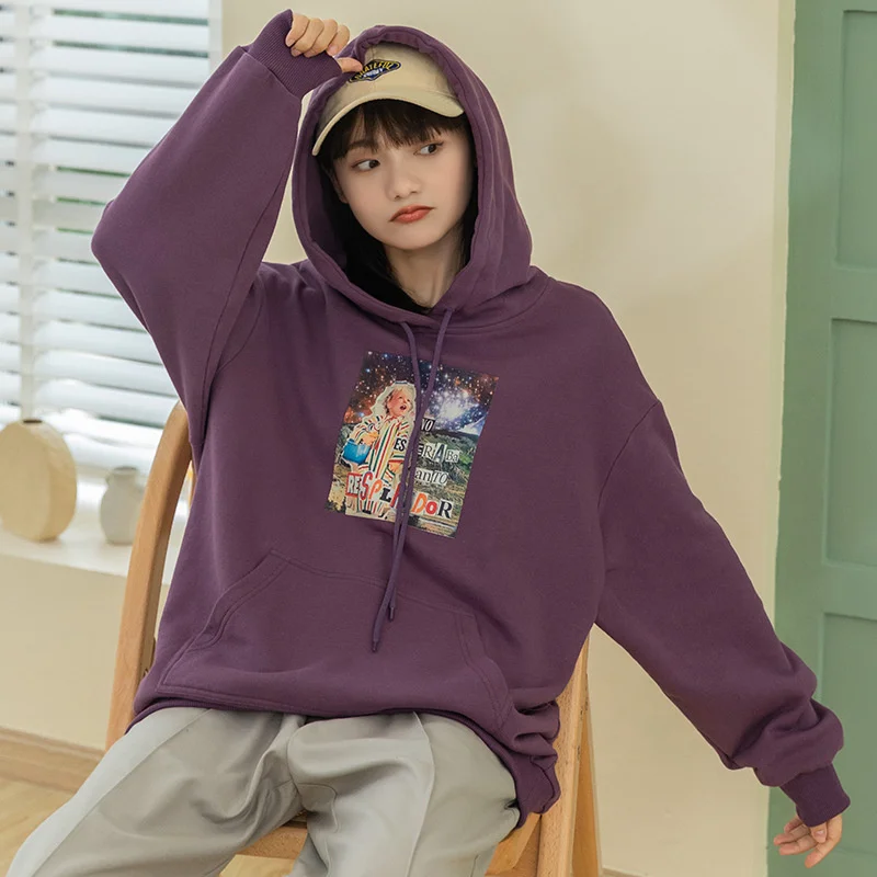 

All-match Hooded Sweatshirt Pure Cotton Women's 2021 Autumn And Winter New Printing Long-sleeved Pullover Casual En*