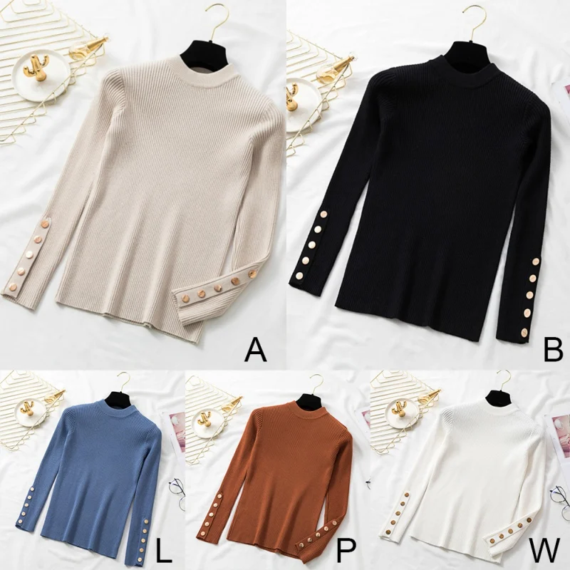 

Autumn Korean New Round Neck Long-sleeved Knit Pullover Fashion Solid Color Metal Buckle Women's Slim-fit tight Sweater