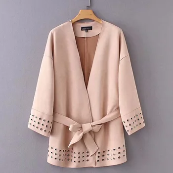 

Chic Suede Sashes Kimono Jackets Women Fashion Solid Open Stitch Coats Elegant Ladies Long Sleeve Outerwear
