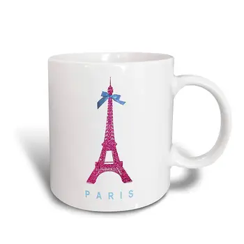 

Hot Pink, Paris with Blue Ribbon Bow, France, Souvenir, Ceramic Mug, 11-Oz