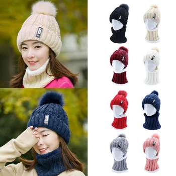 

Neck warm knitted winter hat Ski Cap for women girl wool beanies Skullies letter B velvet hat mask Bonnet scarf hat