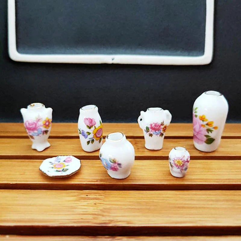 

7 Pcs New 1~2.5cm Mini 1:12 Dollhouse Miniature Porcelain Flower Vase Dolls House Accessories
