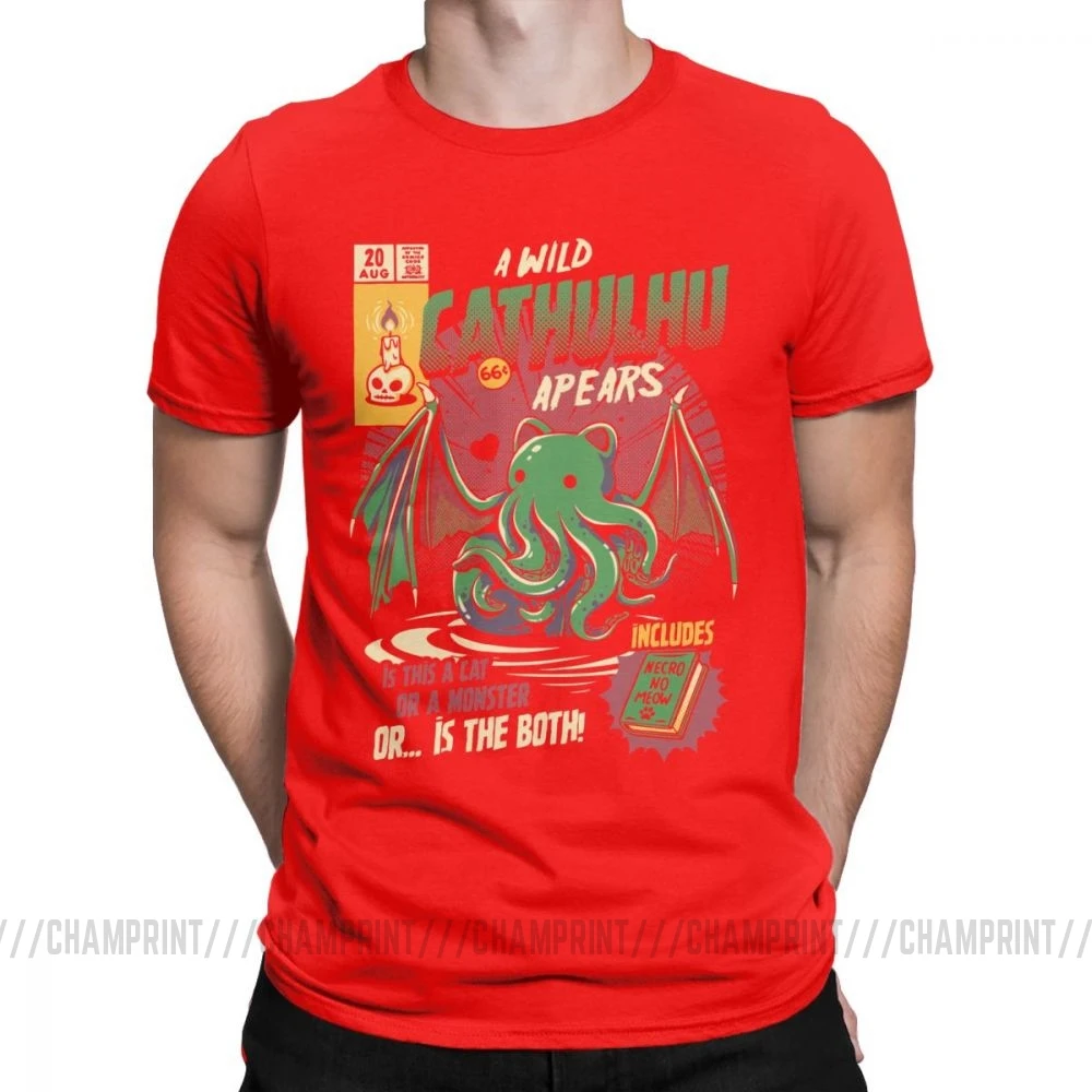 A Wild Cthulhu, футболки для мужчин, чистый хлопок, Повседневная футболка, кот, монстр, череп, Мультяшные топы, Милые Забавные футболки, Новое поступление - Цвет: Красный