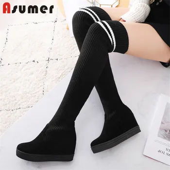 

ASUMER 2020 new style slim stretch boots women round toe mixed color autumn winter wedges platform shoes woman thigh high boots