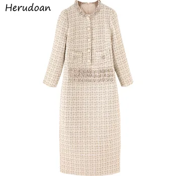

Herudoan Spring Autumn Women Knitted Office Dress Fashion Runway O-Neck Cuff Chic Button Diamonds Beading Ladies Midi Dresses
