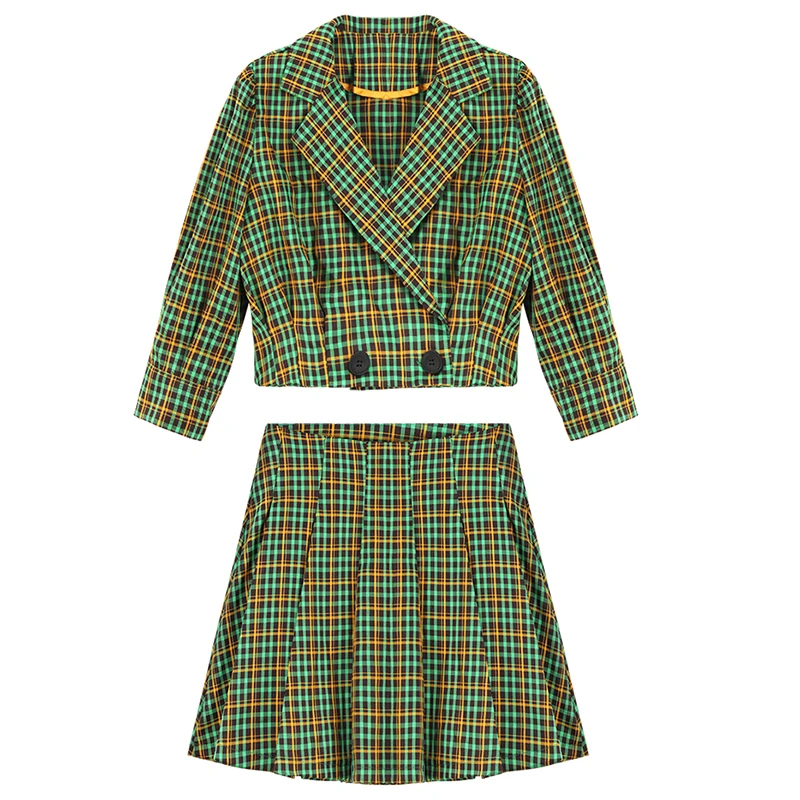 

PERHAPS U Green Blue Notch Collar Women Two Pieces Set Short Plaid Blazer Button Mini Pleated Skirt 3/4 Sleeve T0211