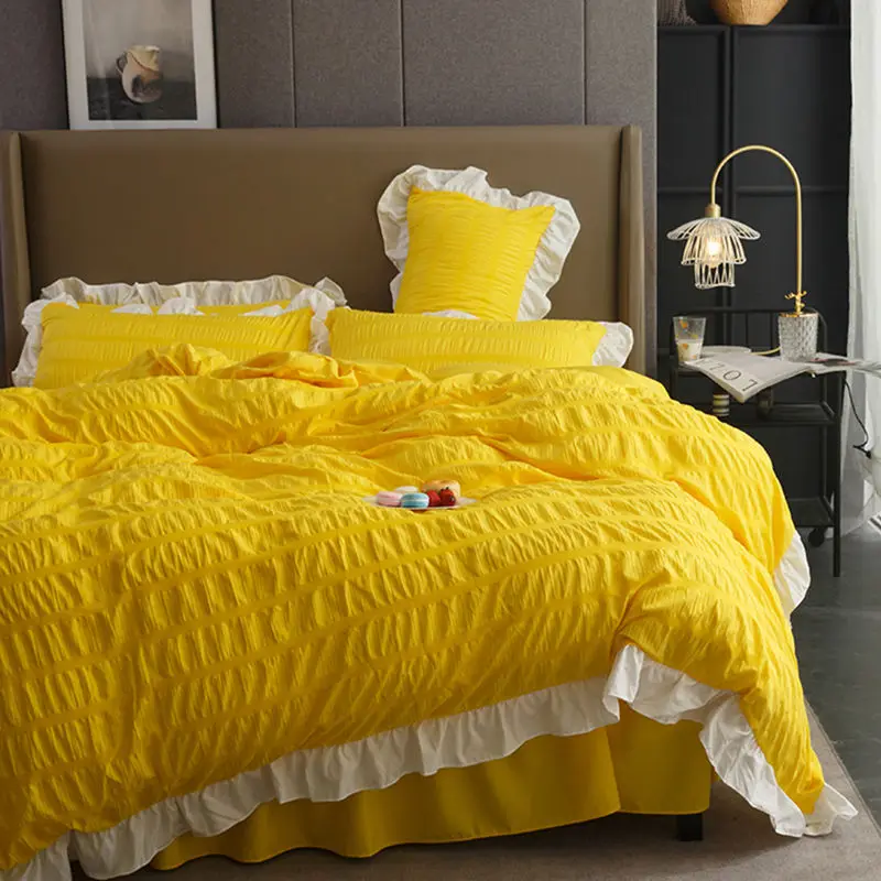 

Princess Style Solid Color Washed Cotton Seersucker Ruffles Duvet Cover Bed Skirt Flat Sheet Pillowcase Double King Queen#/