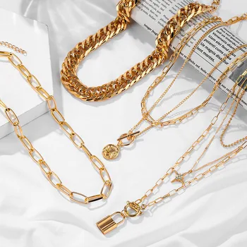 

IPARAM Fashion Pearl Lock Pendant Necklace for Women Vintage Thick Chunky Chain Choker Multilayer Coin Necklaces Jewelry Gifts