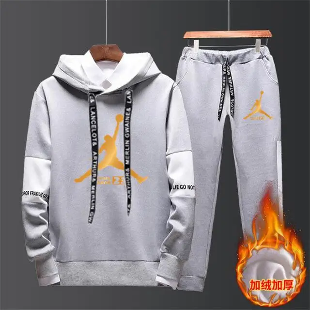 New Brand Tracksuit Fashion JORDAN 23 Men Sportswear Two Piece Sets All Cotton Fleece Thick hoodie+Pants Sporting Suit Male - Цвет: gray245-246