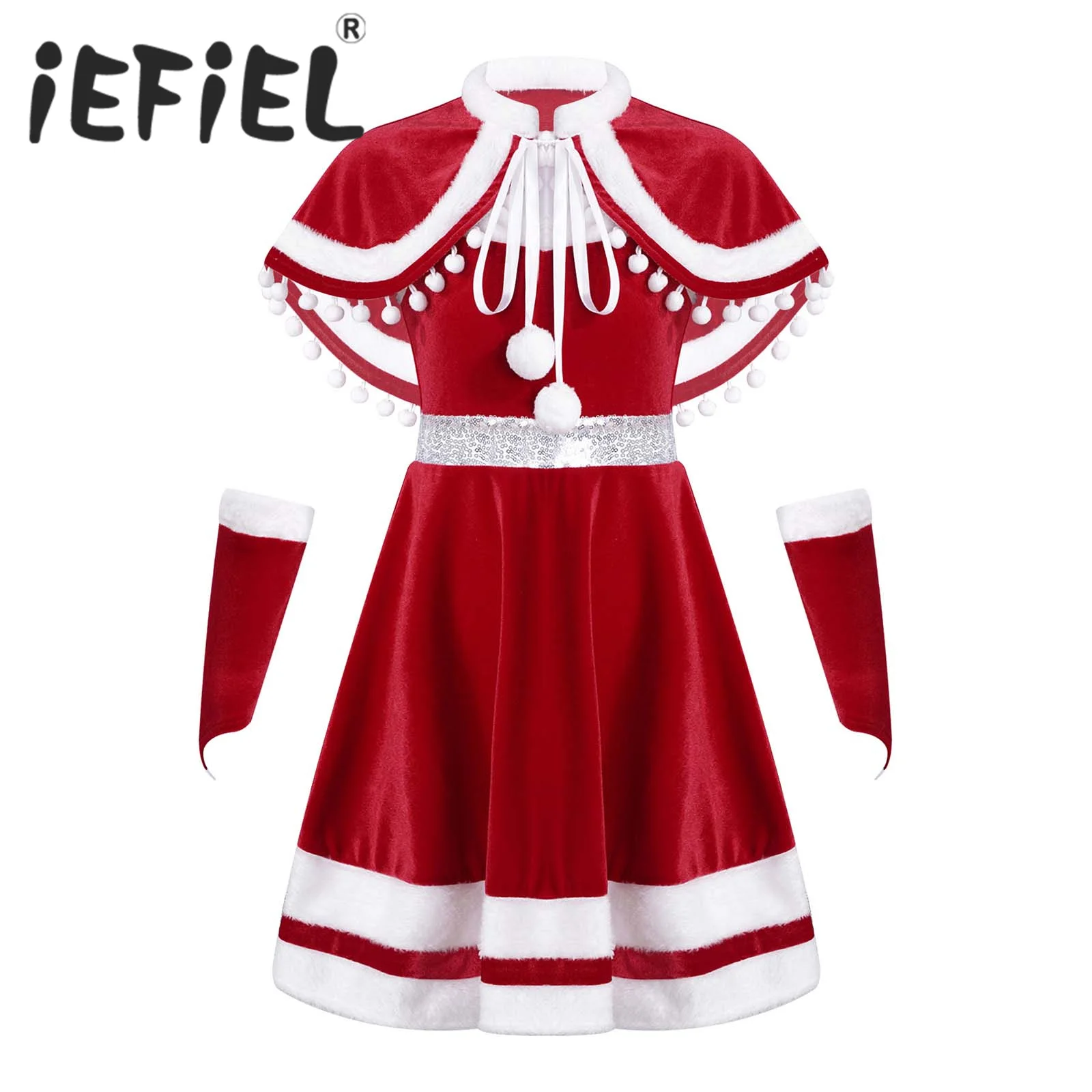 

Kids Girls Christmas Costume Sequins Red Velvet Cami Santa Dress with Cloak and Arm Sleeves Set for New Year Xmas Fancy Party